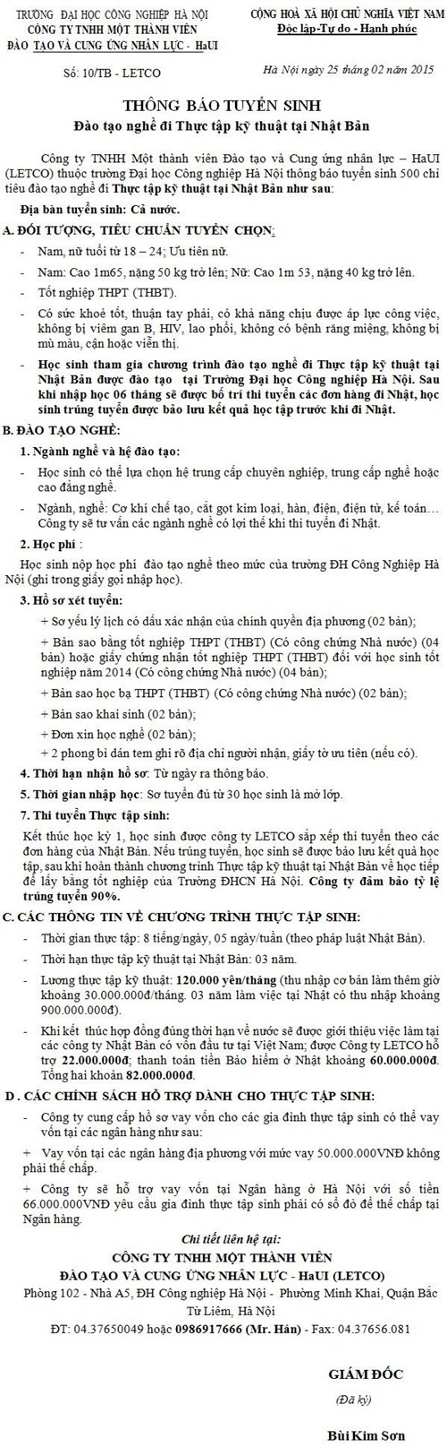 tuyen sinh dao tao nghe di thuc tap ky thuat tai nhat ban